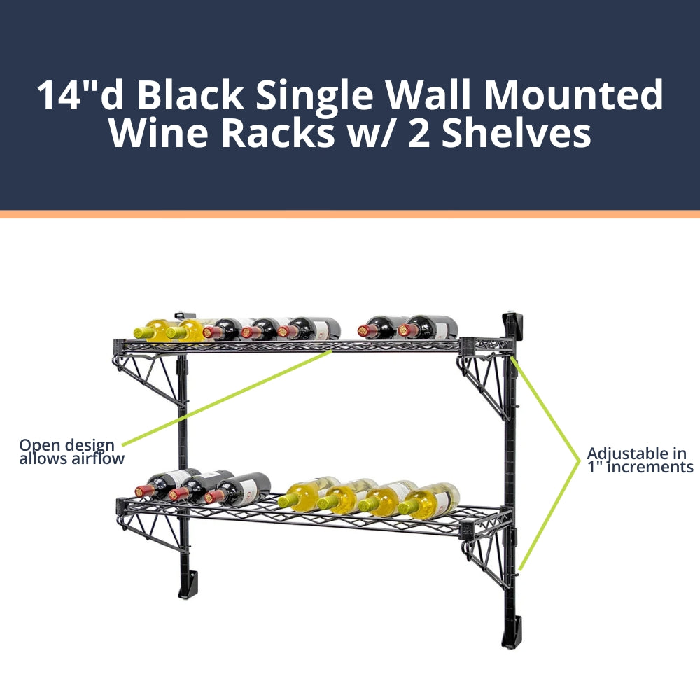 14"d Black Single Wall Mounted Wine Racks w/ 2 Shelves