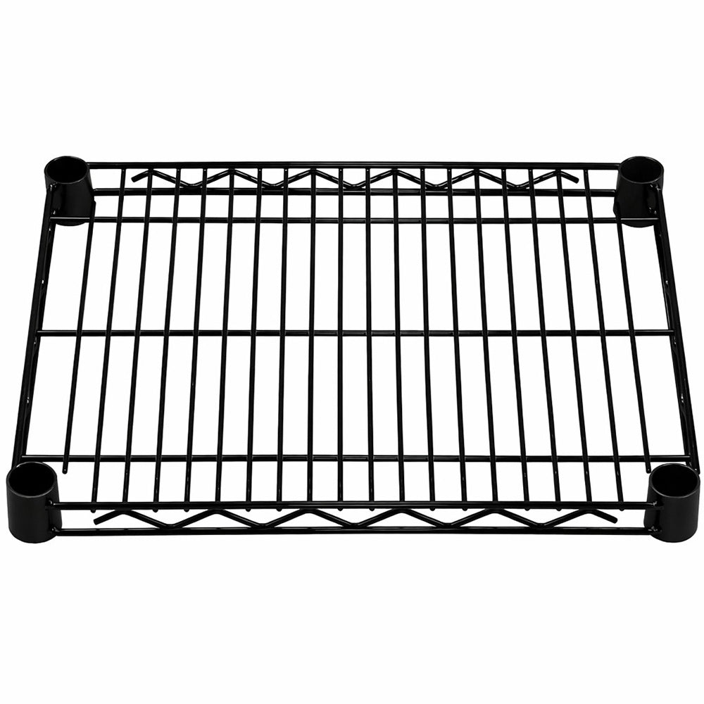 14-inch deep black epoxy wire shelf for space-saving, rust-resistant storage in bathrooms, closets, pantries, and small rooms.
