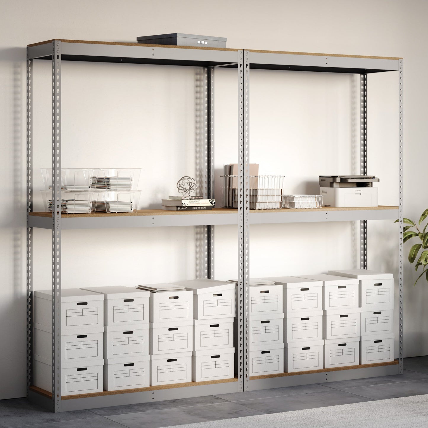 Storage rack with shelves and drawers in a room setting