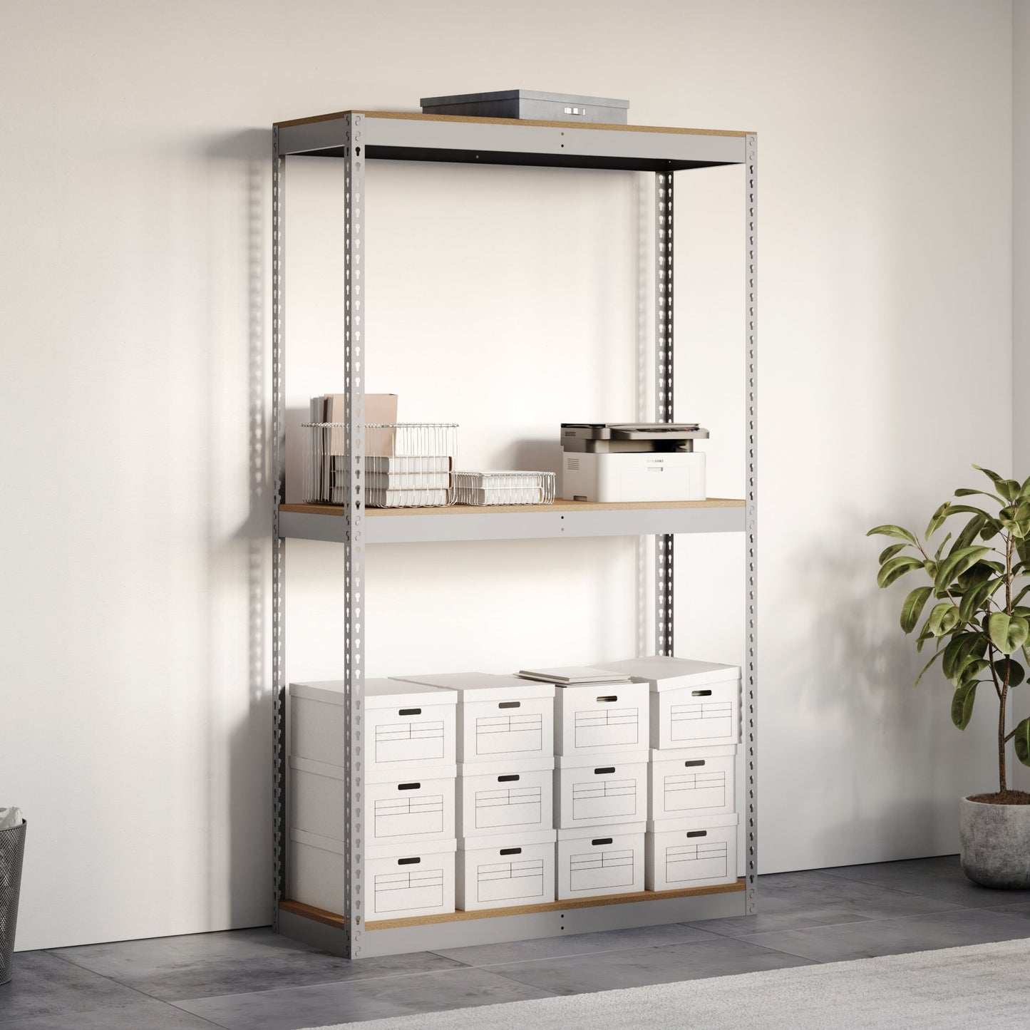 Storage rack with shelves and drawers against a white wall