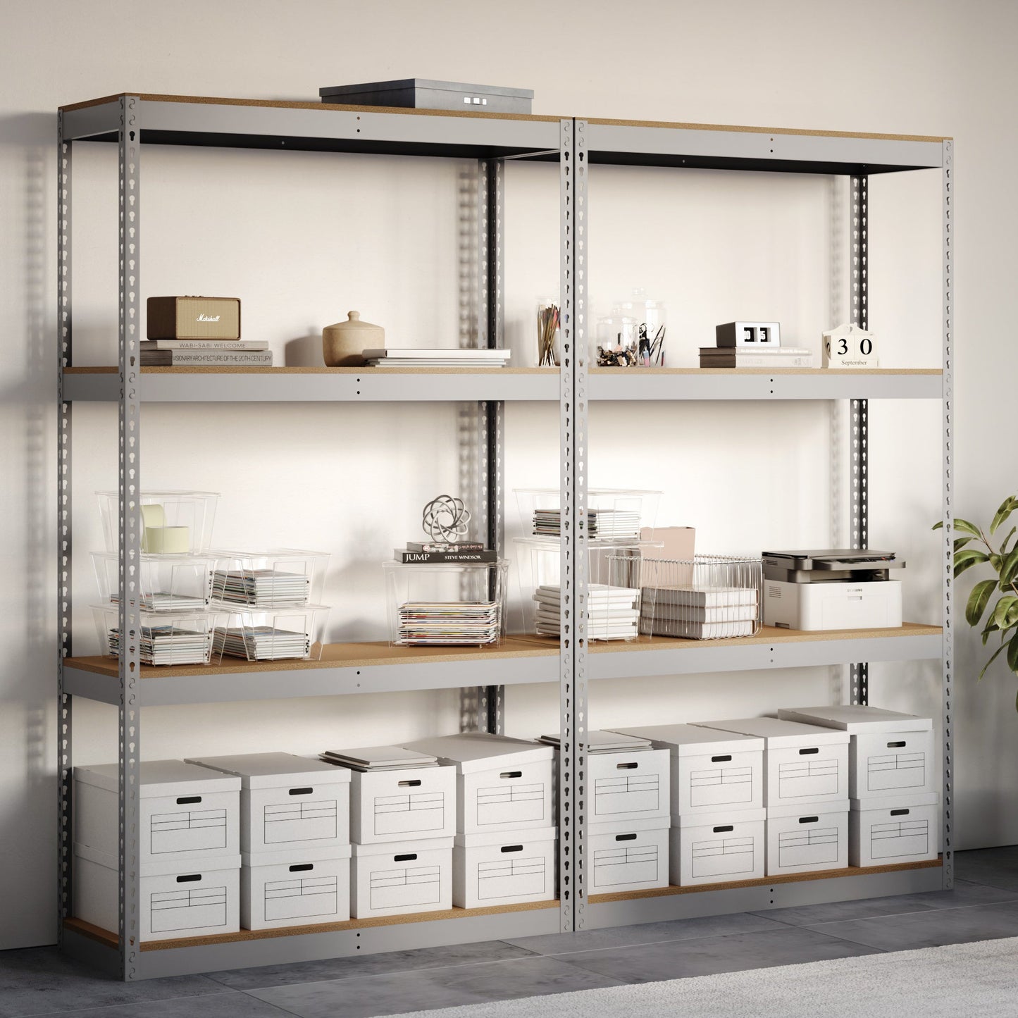 Modern office setup with metal shelving units, desk, and chair.
