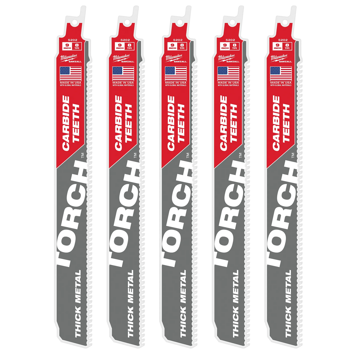 Milwaukee 8TPI 9" TORCH™ w/ Carbide Teeth SAWZALL® Blade (5PK) (48-00-5502)