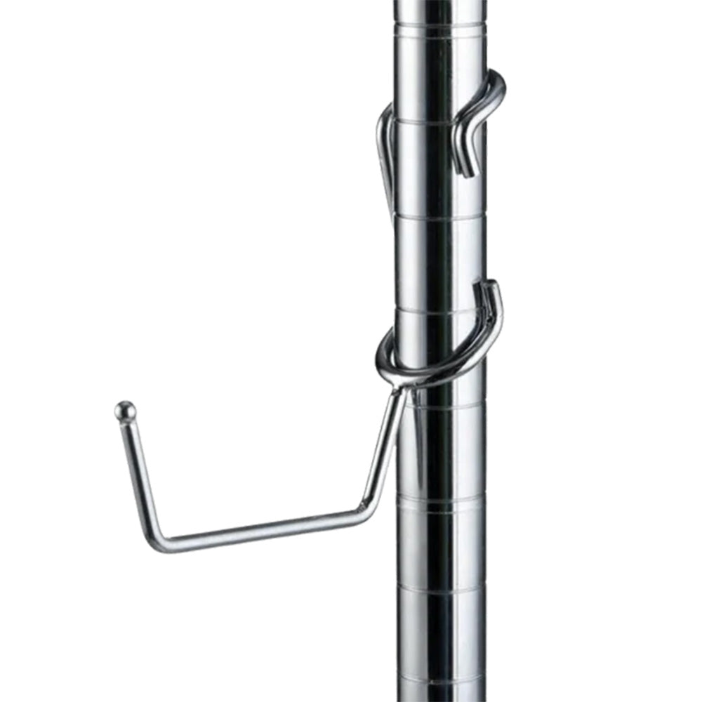 Chrome-plated steel utility hanger post hook mounted on a 1-inch diameter chrome wire shelving post.