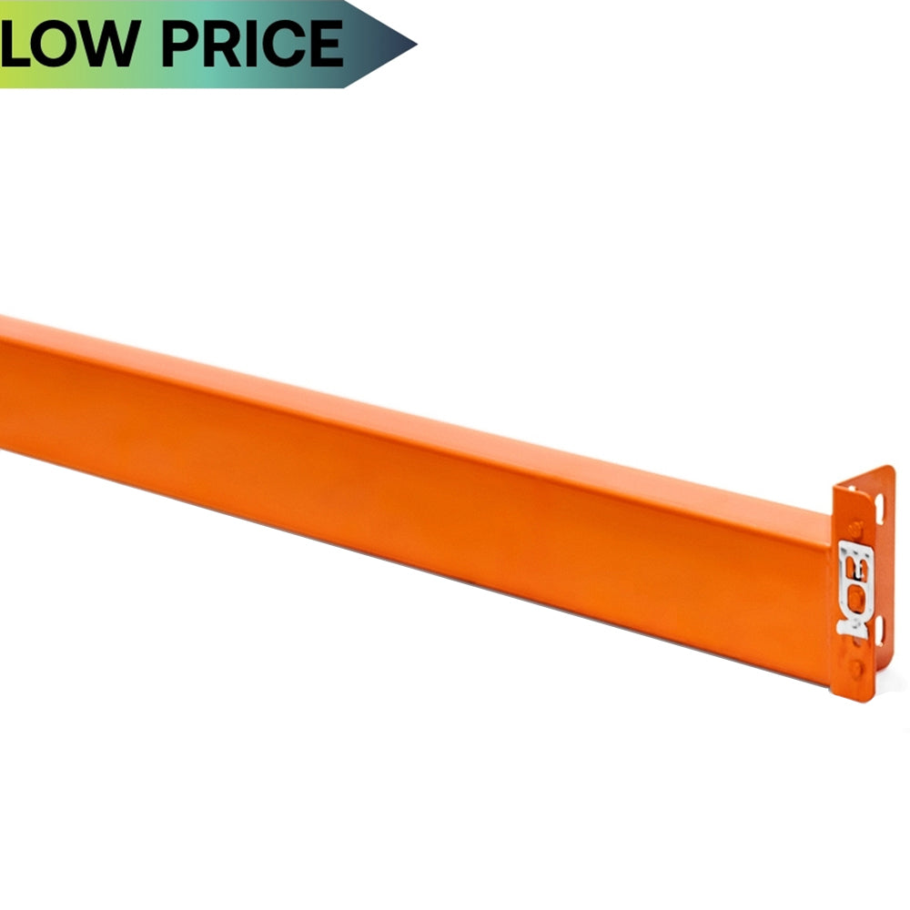 Orange teardrop pallet rack beam, clearance racking part for heavy-duty storage.
