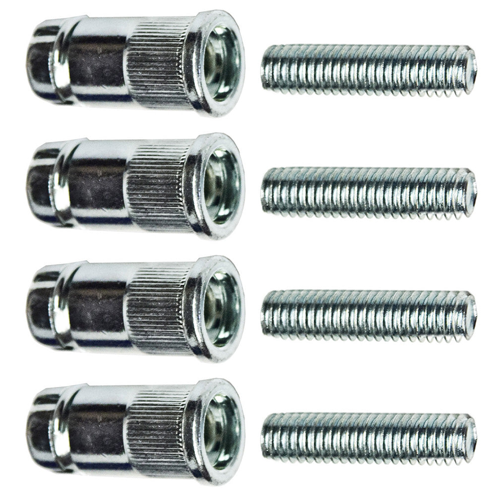 Set of four chrome post extension kits for 1-inch diameter wire shelving posts, featuring splicers and threaded bolts.