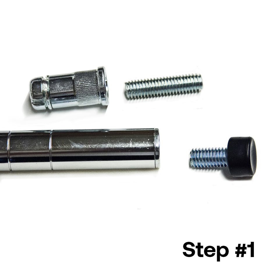 Step 1 for installing a 1-inch diameter wire shelving post extension kit, displaying chrome post, splicer, threaded bolt, and removed leveling foot.