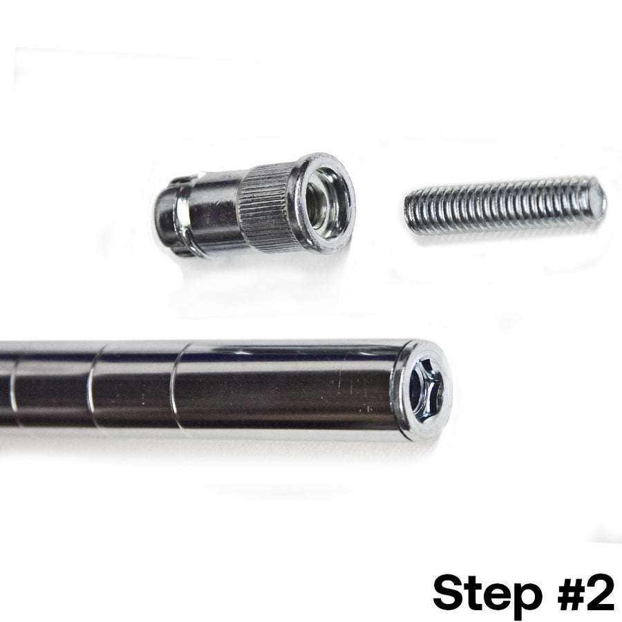 Step 2 for installing a a 1-inch diameter wire shelving post extension kit, displaying the chrome splicer, threaded bolt, and shelving post for assembly.