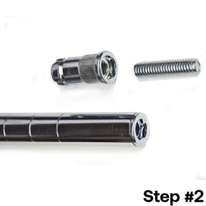Step 2 for installing a a 1-inch diameter wire shelving post extension kit, displaying the chrome splicer, threaded bolt, and shelving post for assembly.