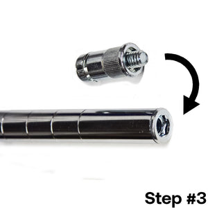 Step 3 for installing a 1-inch diameter wire shelving post extension kit, displaying the chrome splicer and threaded bolt being attached to the shelving post.