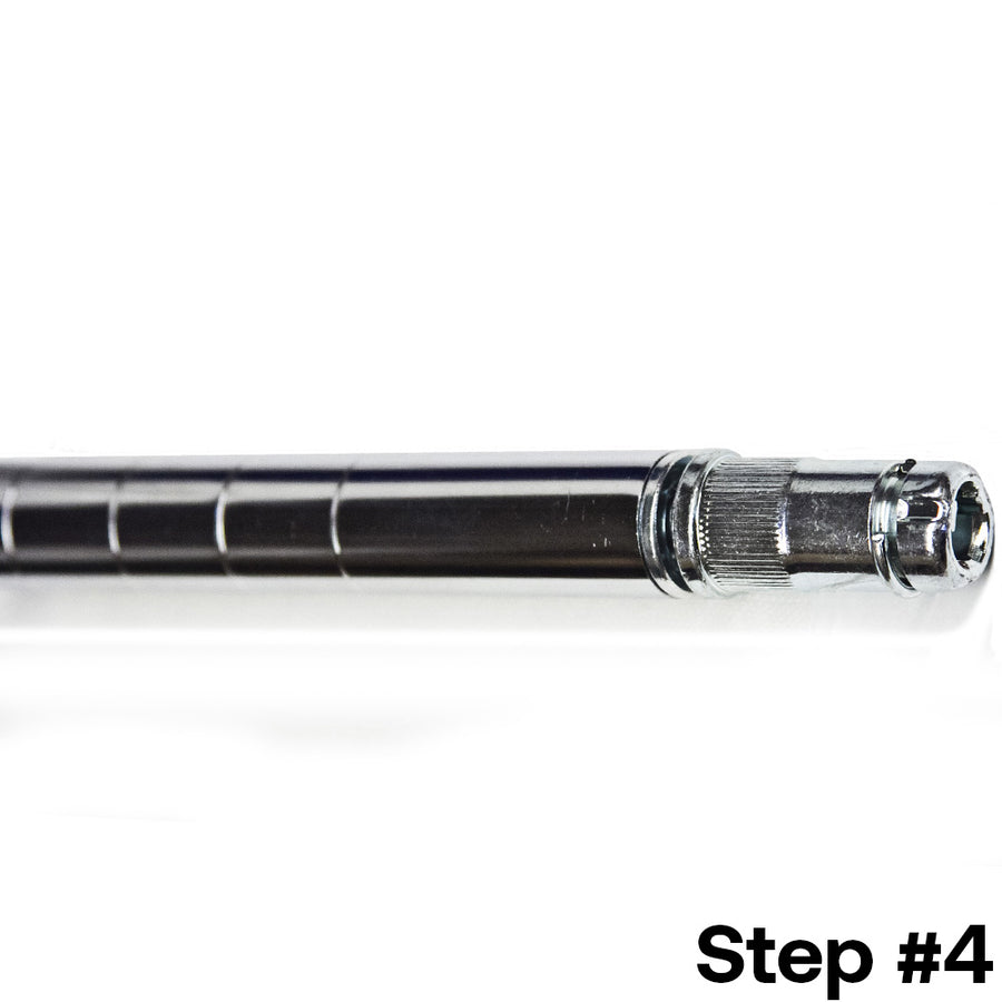 Step 4 for installing a 1-inch diameter wire shelving post extension kit, with the kit fully secured  to extend the shelving post.