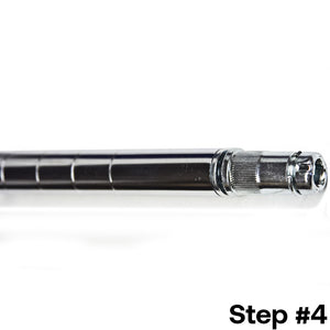 Step 4 for installing a 1-inch diameter wire shelving post extension kit, with the kit fully secured  to extend the shelving post.
