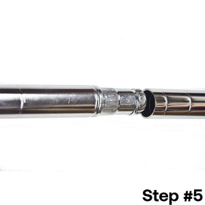 Step 5 for installing a 1-inch diameter wire shelving post extension kit, showing how the chrome kit connects two shelving posts for added height.