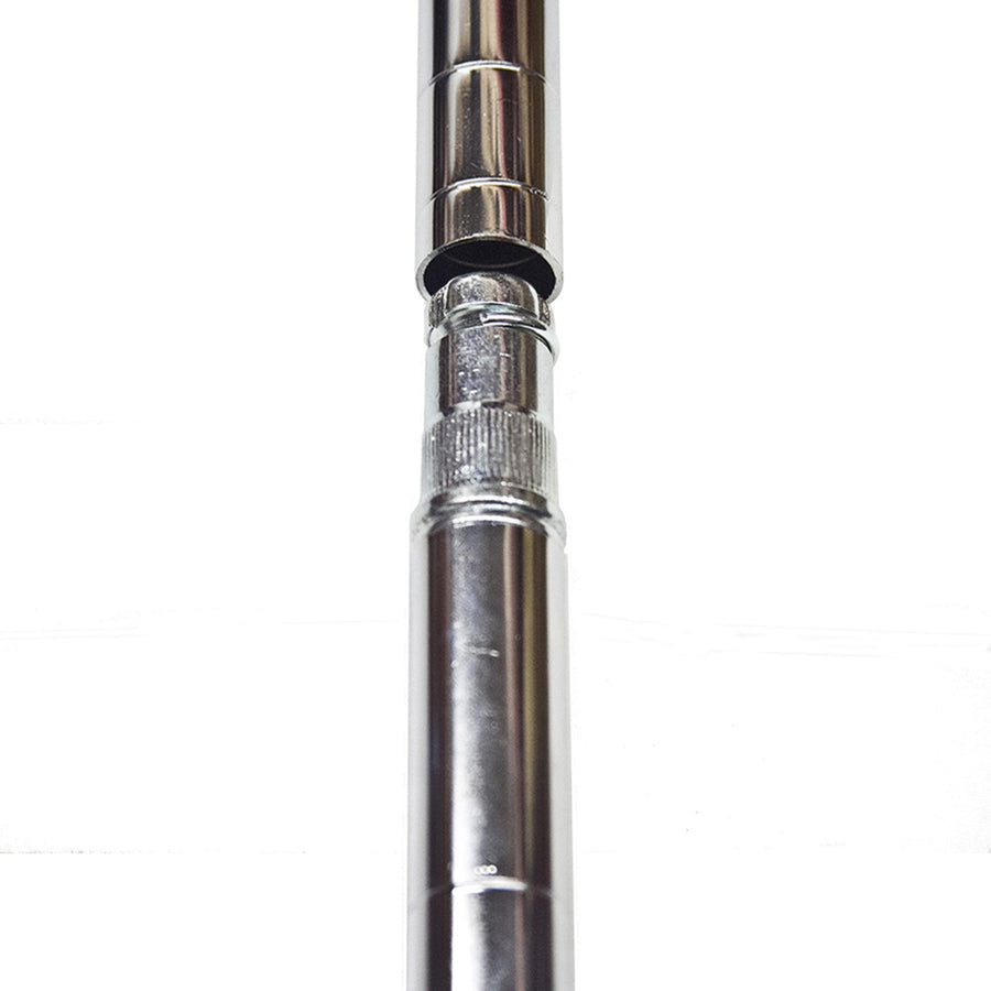 Chrome post extension kit for connecting two 1-inch diameter wire shelving posts, adding height and storage space.