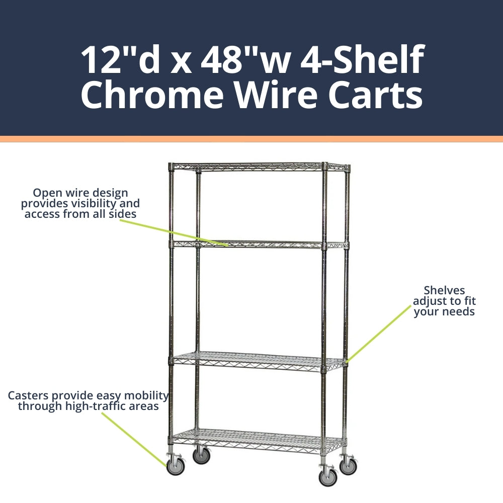 4-Shelf Chrome Wire Carts - 12"d x 48"w