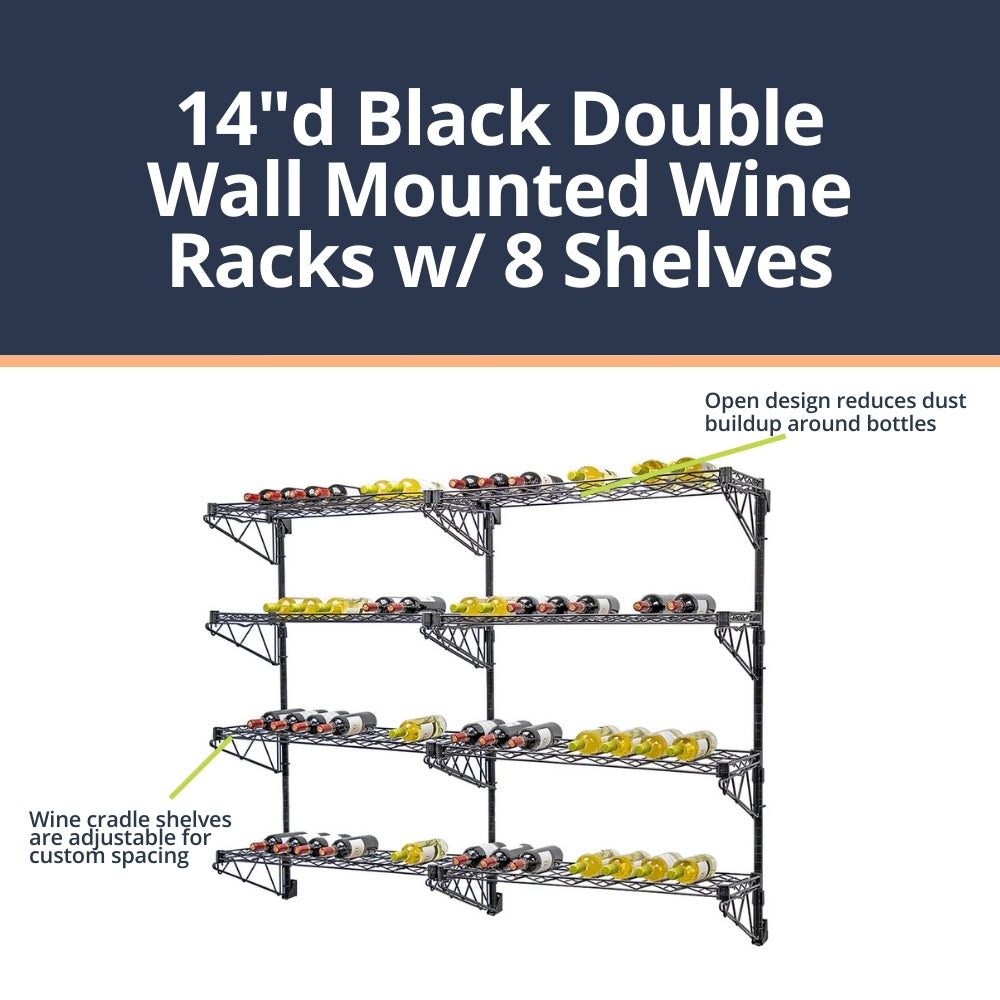 14"d Black Double Wall Mounted Wine Racks w/ 8 Shelves