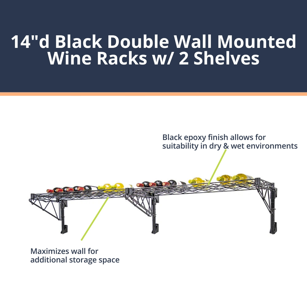 14"d Black Double Wall Mounted Wine Racks w/ 2 Shelves