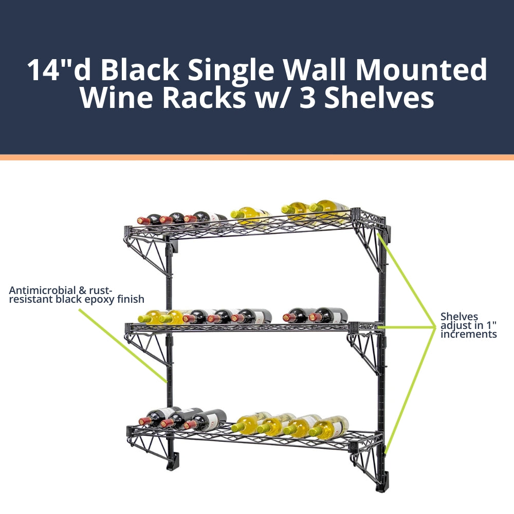 14"d Black Single Wall Mounted Wine Racks w/ 3 Shelves