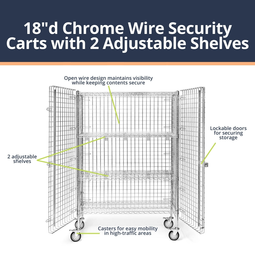 18"d Chrome Wire Security Carts with 2 Adjustable Shelves