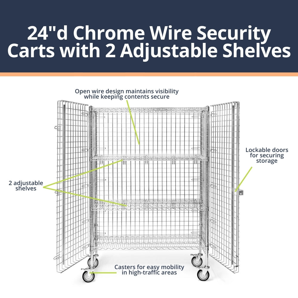 24"d Chrome Wire Security Carts with 2 Adjustable Shelves