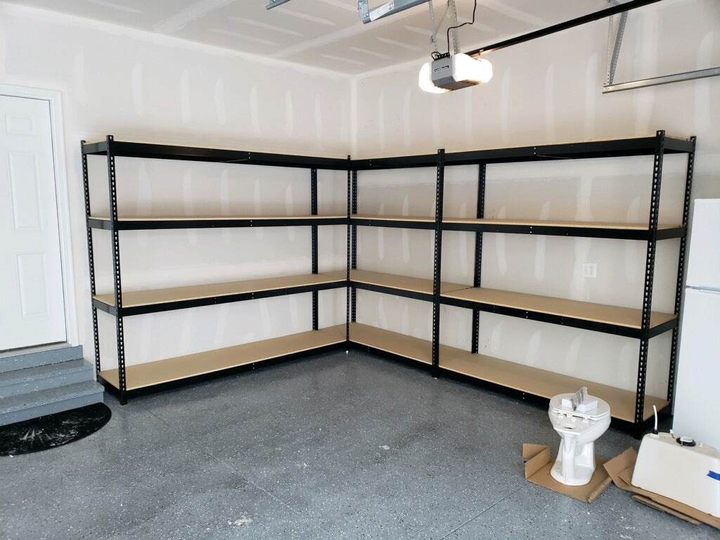 Boltless Rivet Shelving in a clean residential garage