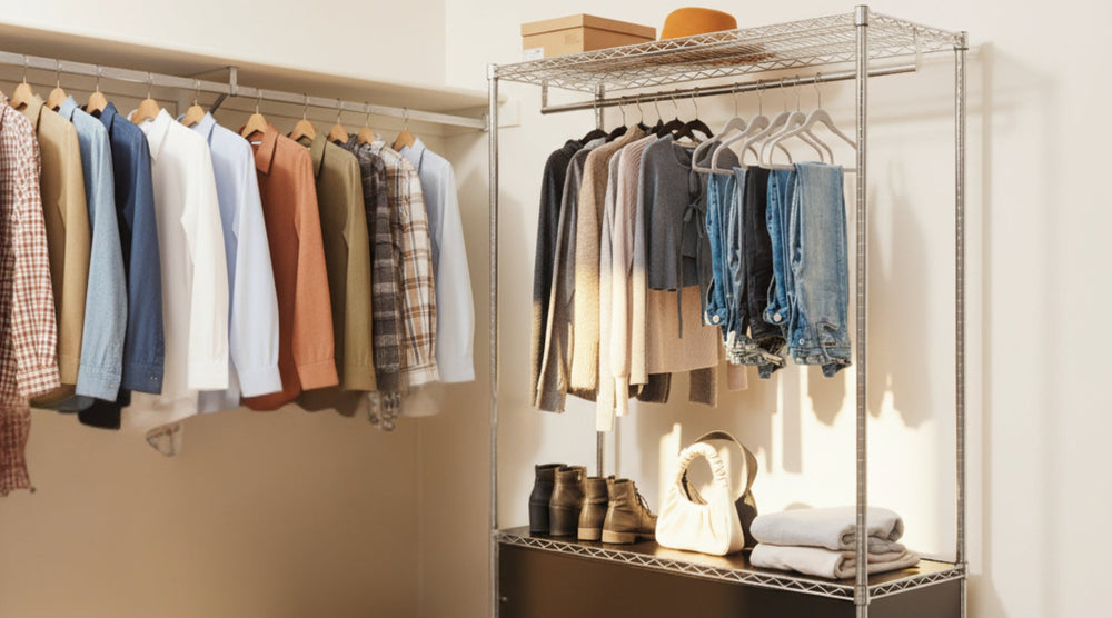 Closet Wire Shelving with Enclosures in a brightly lit closet space