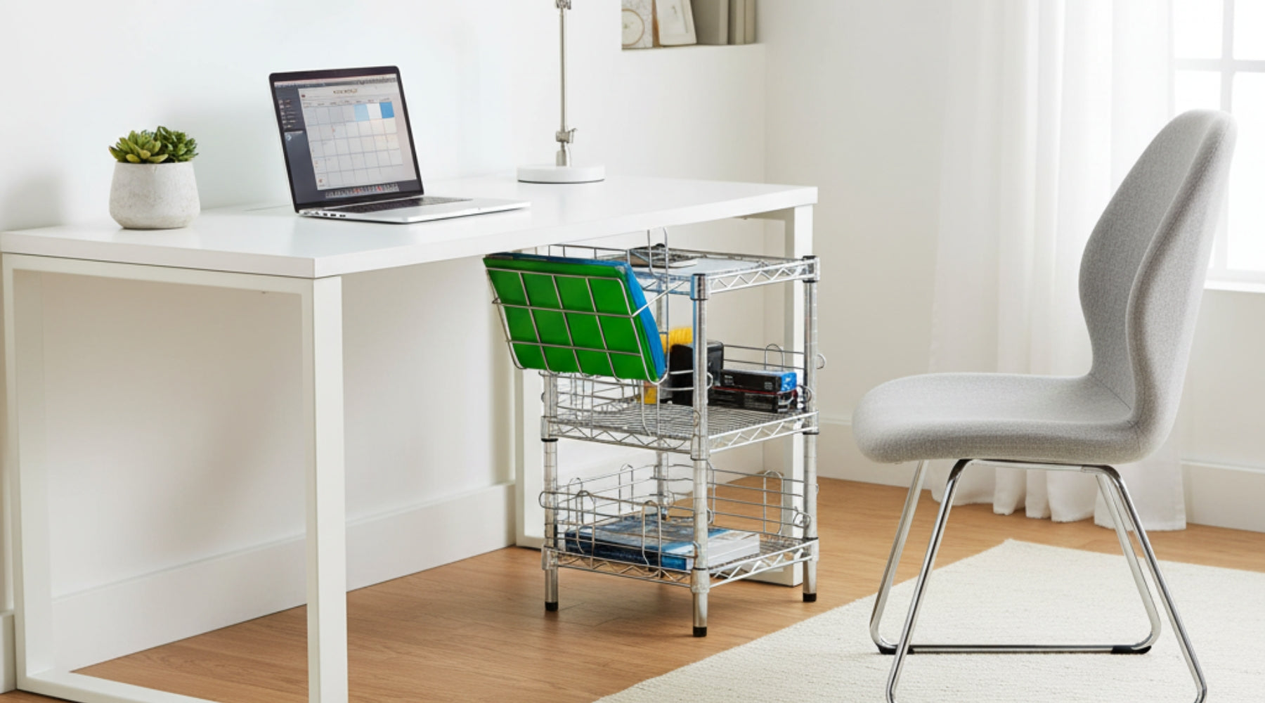 Under Desk Organizer wire shelving unit underneath a white home office desk