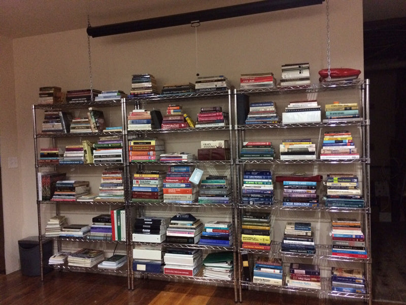 wire shelving with books
