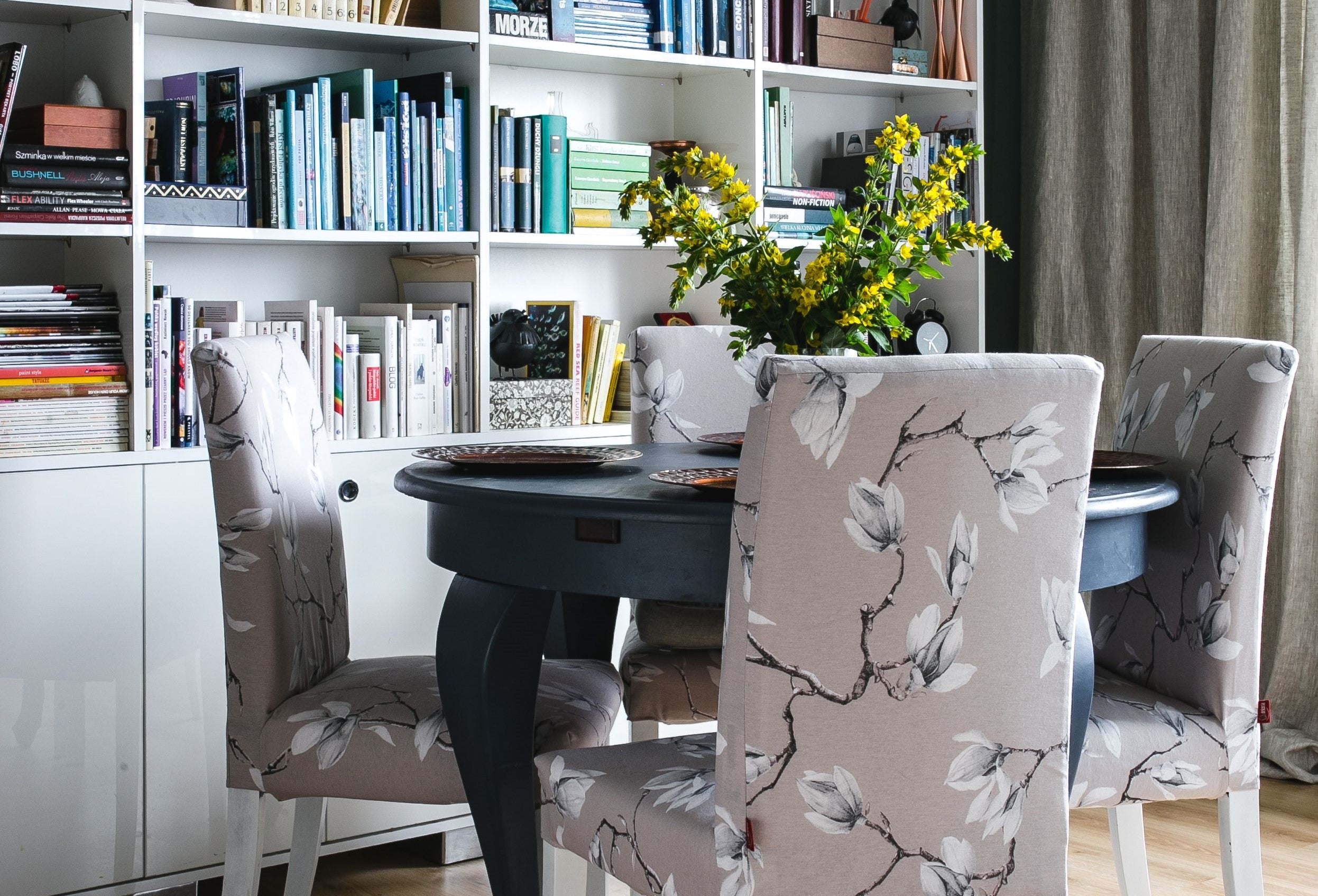 bookshelves in the dining room