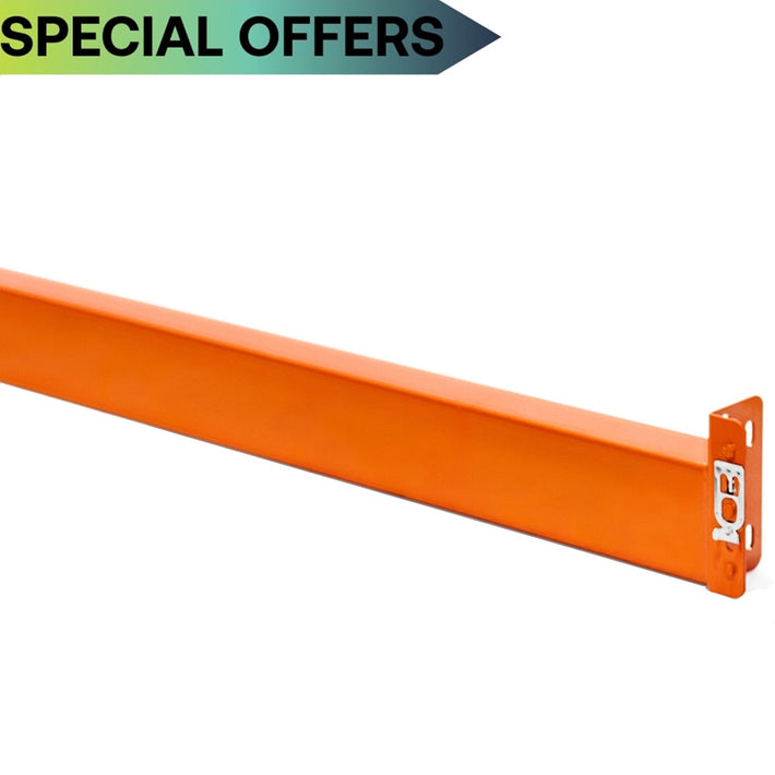 Orange powder-coated teardrop pallet rack beam shown as part of deals and special offers.