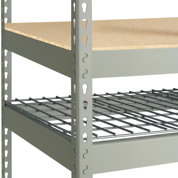 Boltless shelving decking in particle board and galvanized steel wire options for home organization.