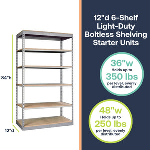 Lyon 12"d 6-Shelf Light-Duty Boltless Shelving Starter Units - Gray