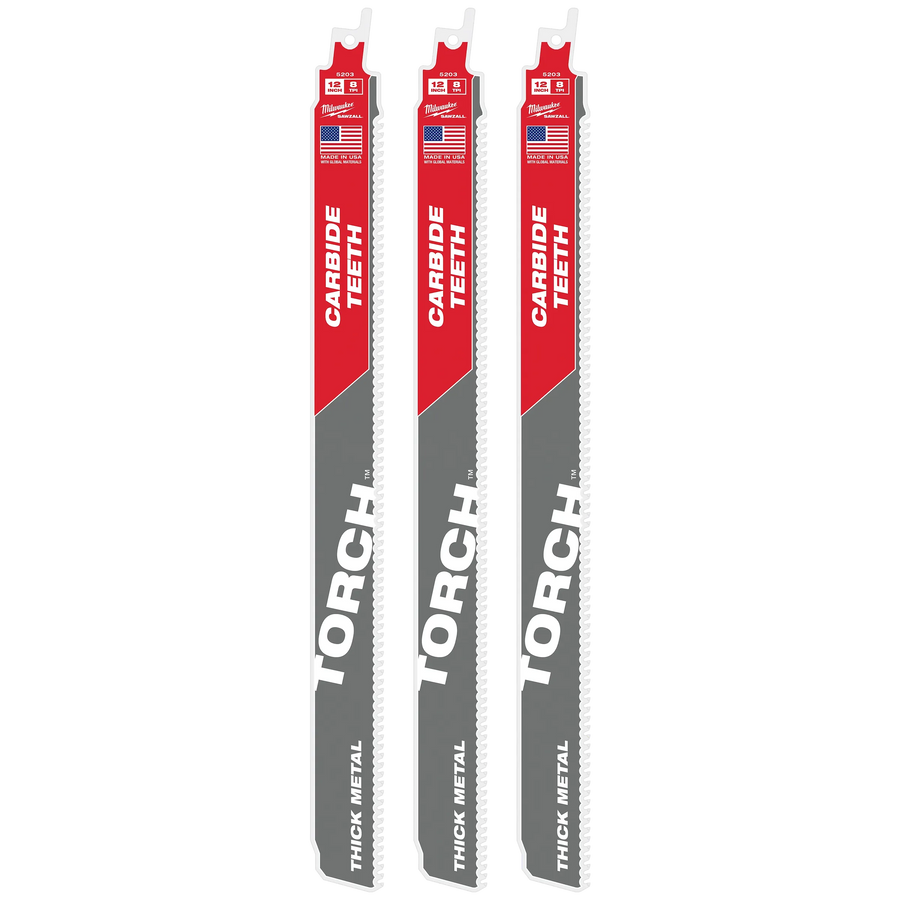Milwaukee 12" 8 TPI TORCH™ w/ Carbide Teeth SAWZALL® Blades (3PK) (48-00-5303)