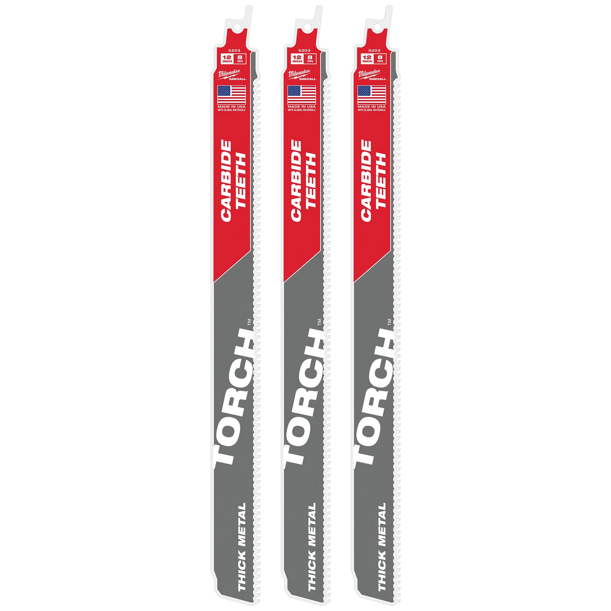 Milwaukee 12" 8 TPI TORCH™ w/ Carbide Teeth SAWZALL® Blades (3PK) (48-00-5303)
