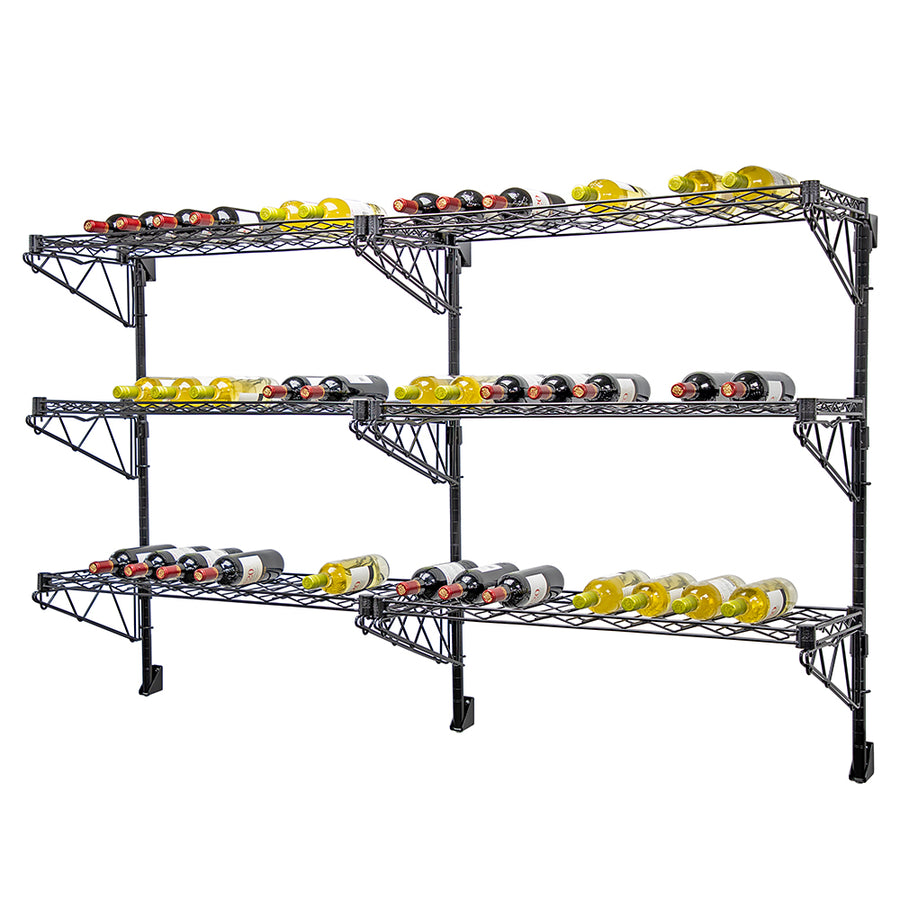 A black metal wine rack with three shelves, holding multiple bottles of wine.