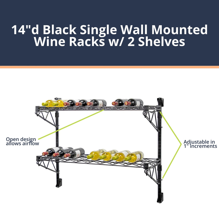 14"d Black Single Wall Mounted Wine Racks w/ 2 Shelves