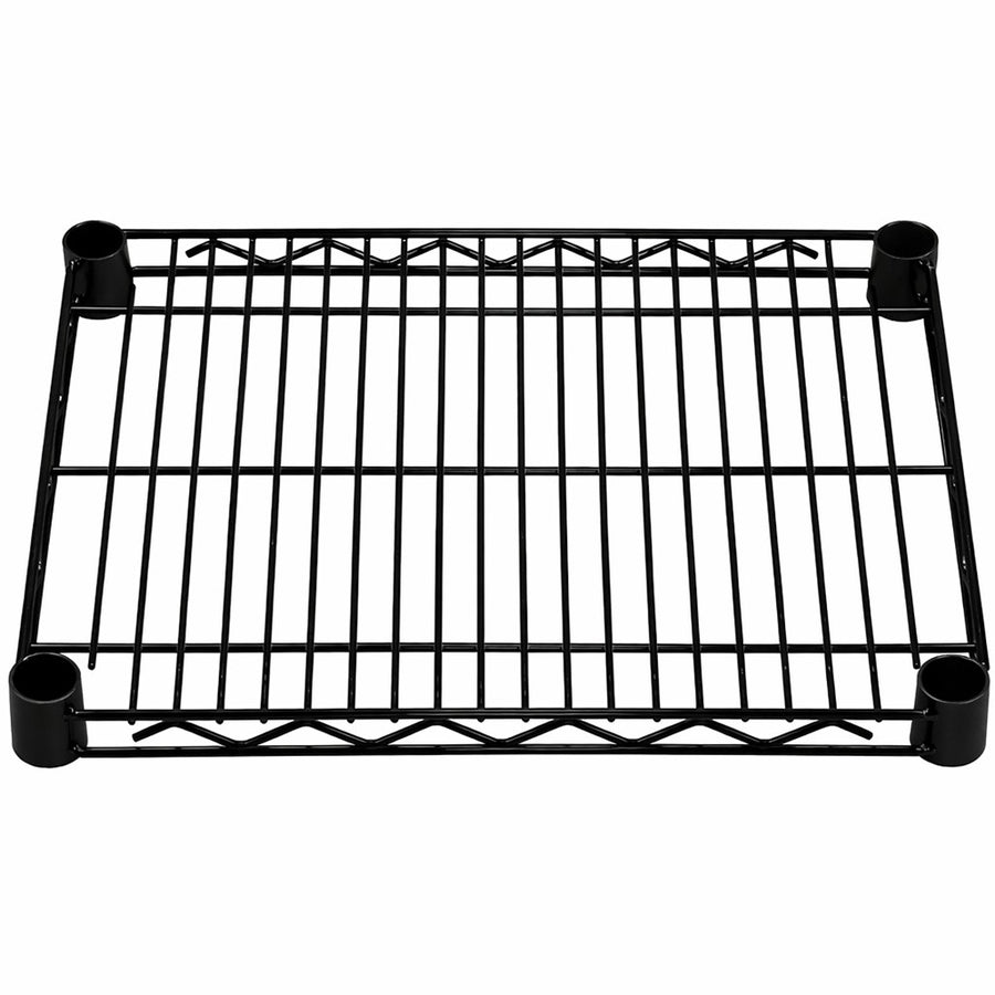 14-inch deep black epoxy wire shelf for space-saving, rust-resistant storage in bathrooms, closets, pantries, and small rooms.