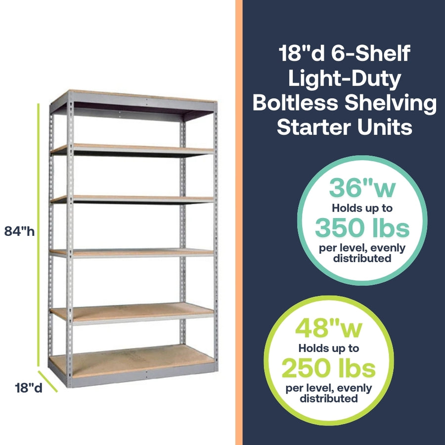 Lyon 18"d 6-Shelf Light-Duty Boltless Shelving Starter Units - Gray