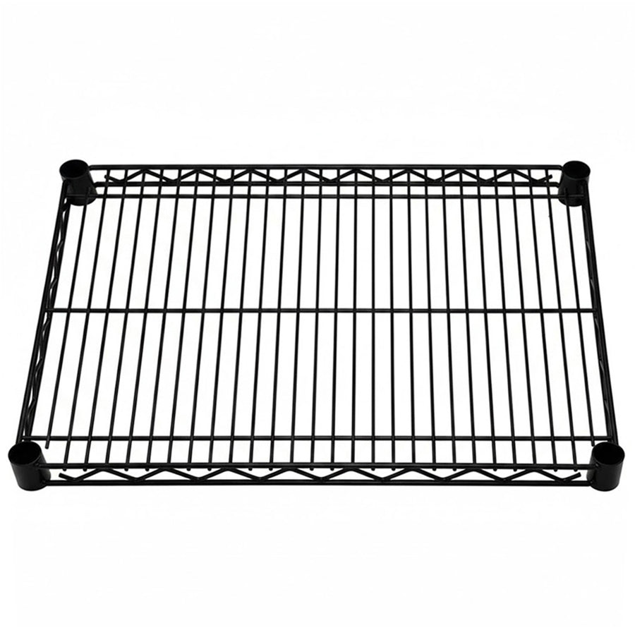 18-inch deep black epoxy wire shelf offering rust-resistant home storage for organizing basements, garages, and laundry rooms.