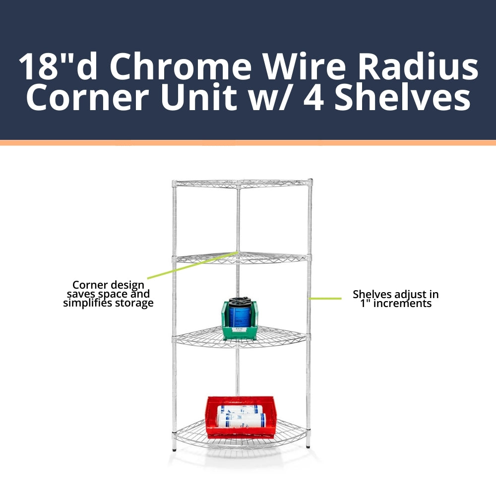 18"d Chrome Wire Radius Corner Unit w/ 4 Shelves