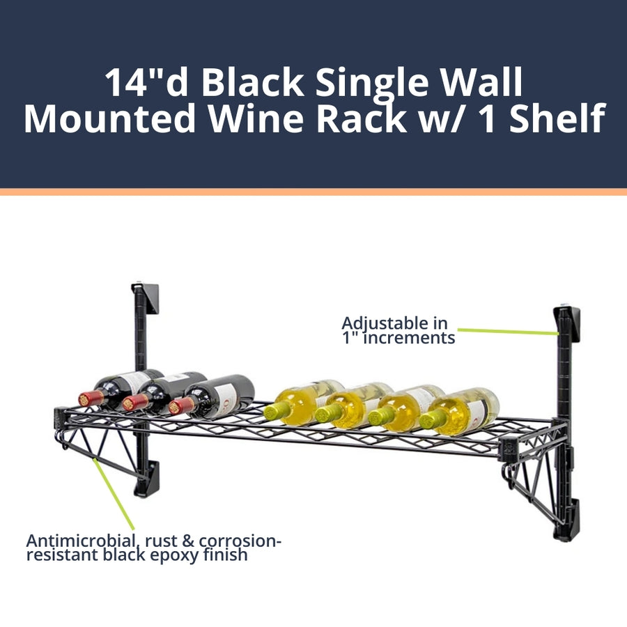 14"d Black Single Wall Mounted Wine Racks w/ 1 Shelf