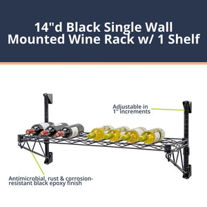 14"d Black Single Wall Mounted Wine Racks w/ 1 Shelf