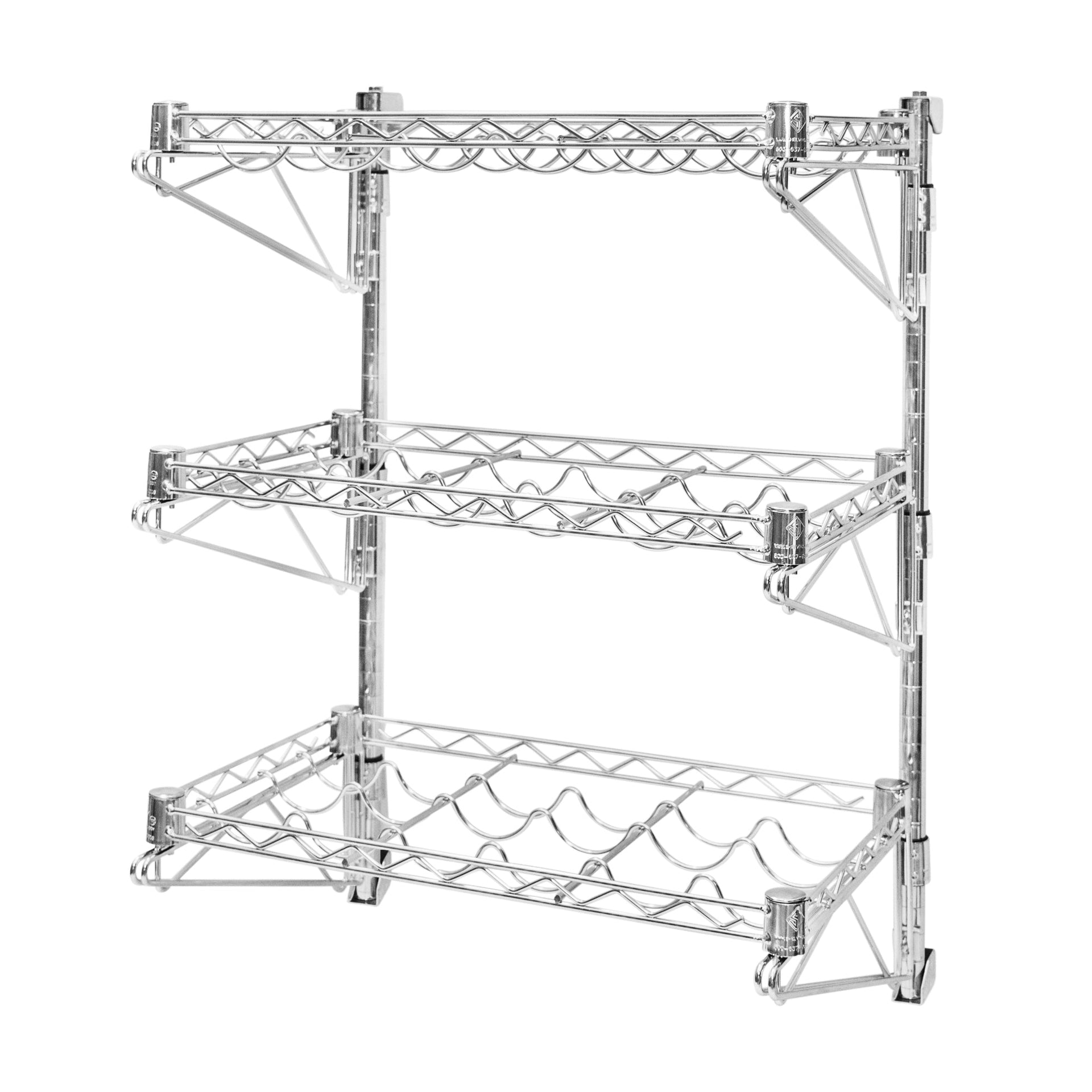 A silver metal wine rack with three shelves