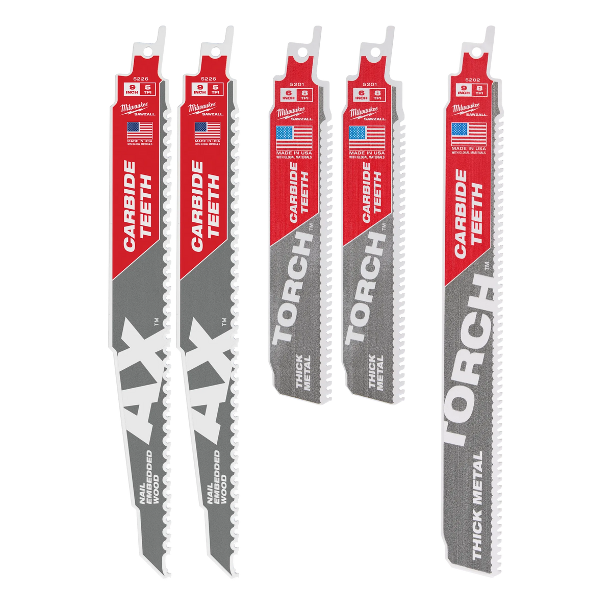 Milwaukee 5PC Wood and Metal Cutting Carbide Teeth SAWZALL Blade Set (49-22-5505)