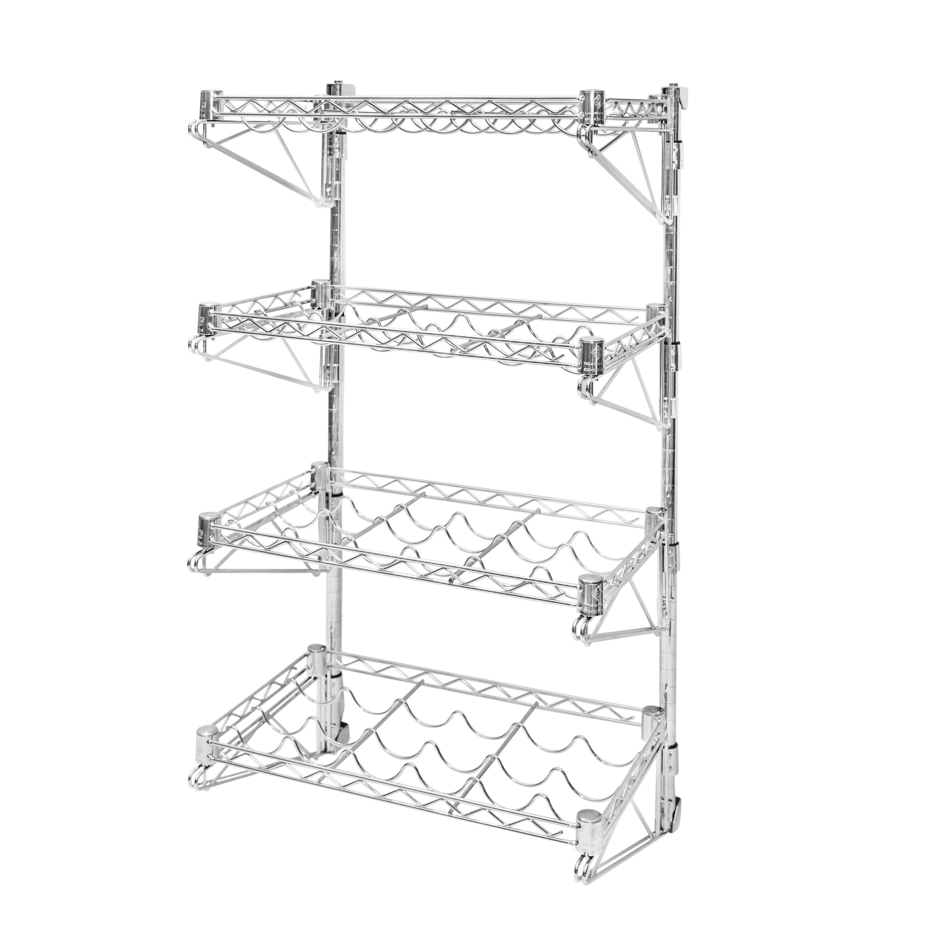 A metal wine rack with four shelves