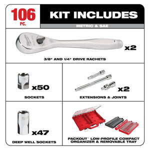 Milwaukee 106pc 1/4" and 3/8" Metric & SAE Ratchet and Socket Set with PACKOUT™ Low-Profile Organizer (48-22-9486)