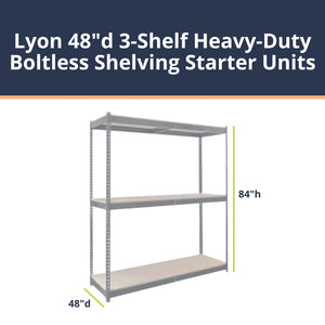 Lyon 48"d 3-Shelf Heavy-Duty Boltless Shelving Starter Units - Gray