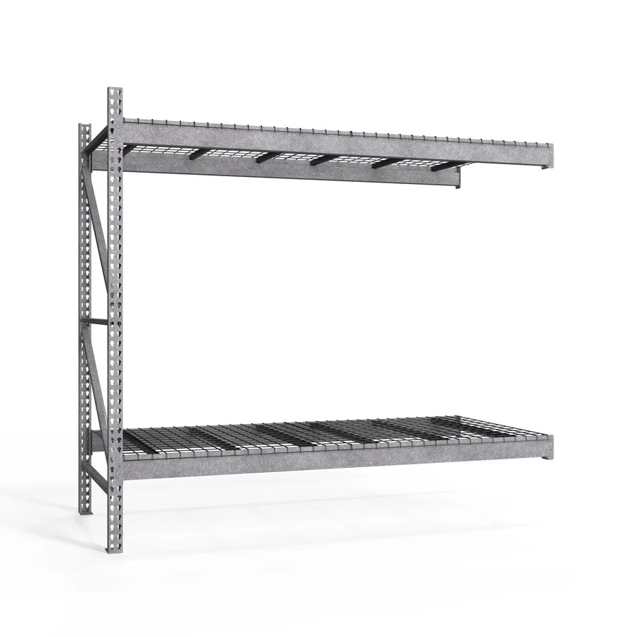 Metal shelving unit with two levels on a white background