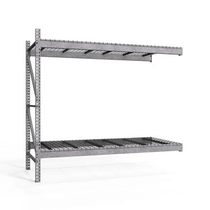 Metal shelving unit with two levels on a white background