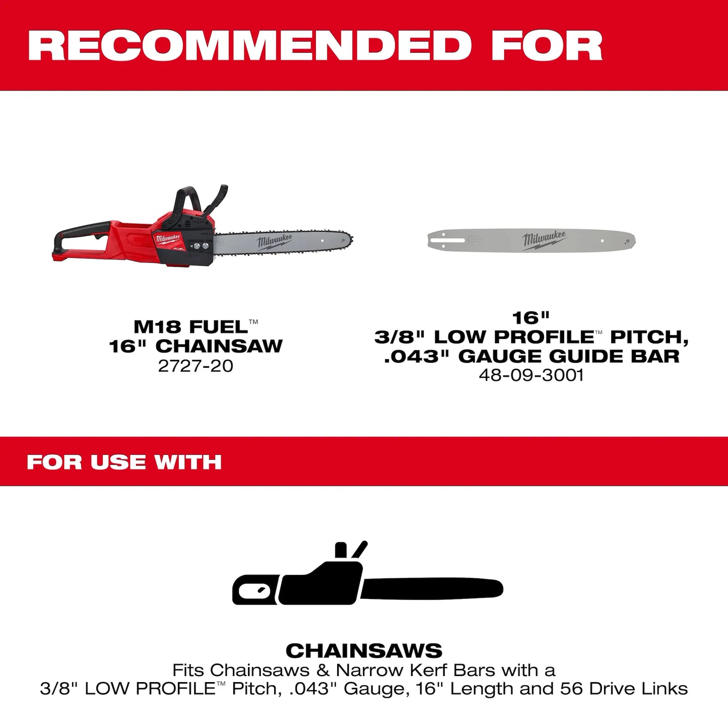 Milwaukee 16" Chainsaw Chain 3/8" LOW PROFILE™ Pitch, .043" Gauge Saw Chain (49-16-2715)