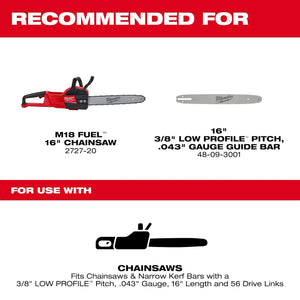 Milwaukee 16" Chainsaw Chain 3/8" LOW PROFILE™ Pitch, .043" Gauge Saw Chain (49-16-2715)